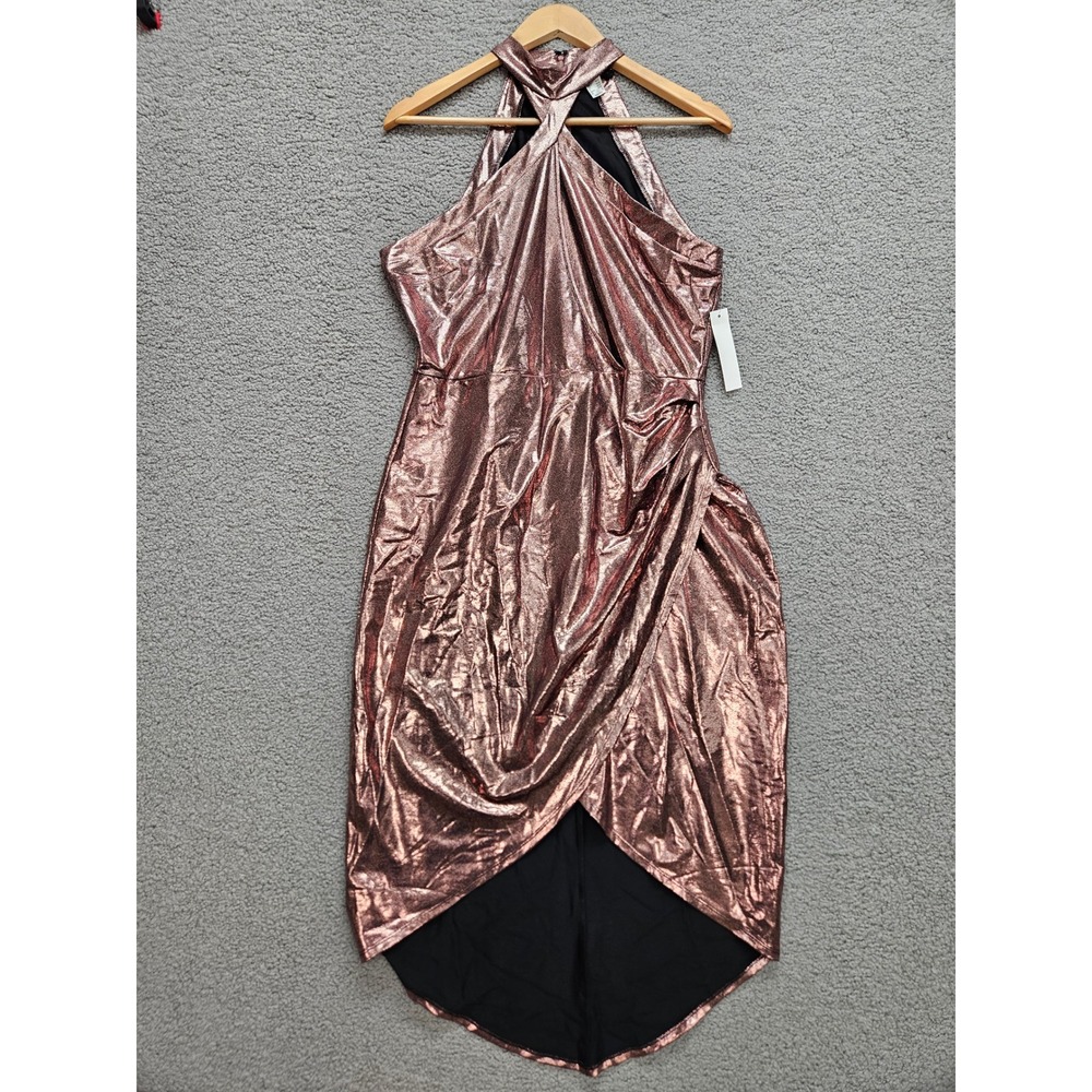 NWT Venus Metallic Halter Dress L Rose Gold Ruched Cocktail Tulip Hem Party